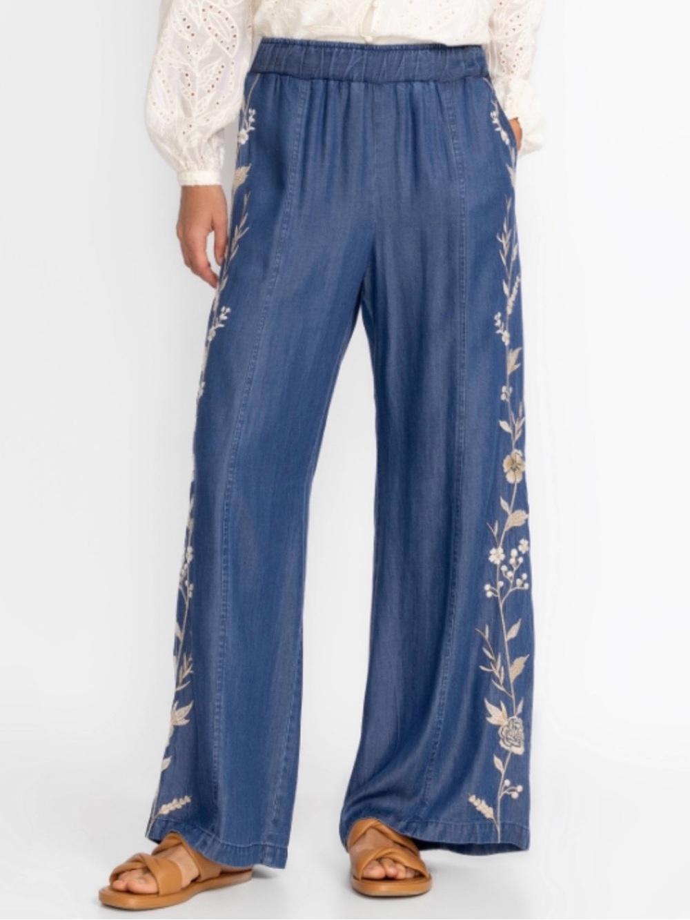 Johnny Was Workshop Calipso Seamed Wide Leg Floral Embroidered Pants